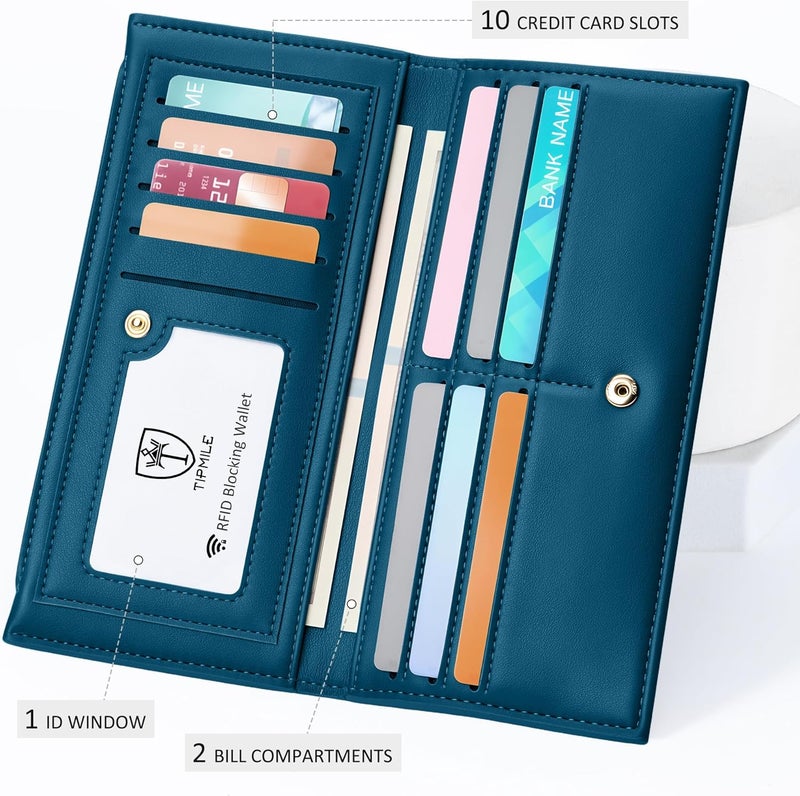 Tipmile Slim Wallet for Women, RFID Blocking Credit Card Holder, Ladies Bifold Wallet with Zipper, Teal Blue - Image 4
